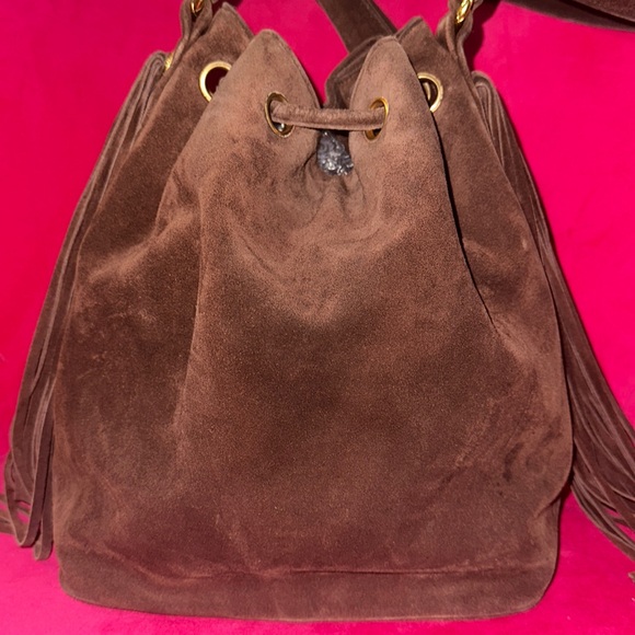 Chanel chocolate suede fringe bucket crossbody shoulder tote purse with pouch - Picture 2 of 16